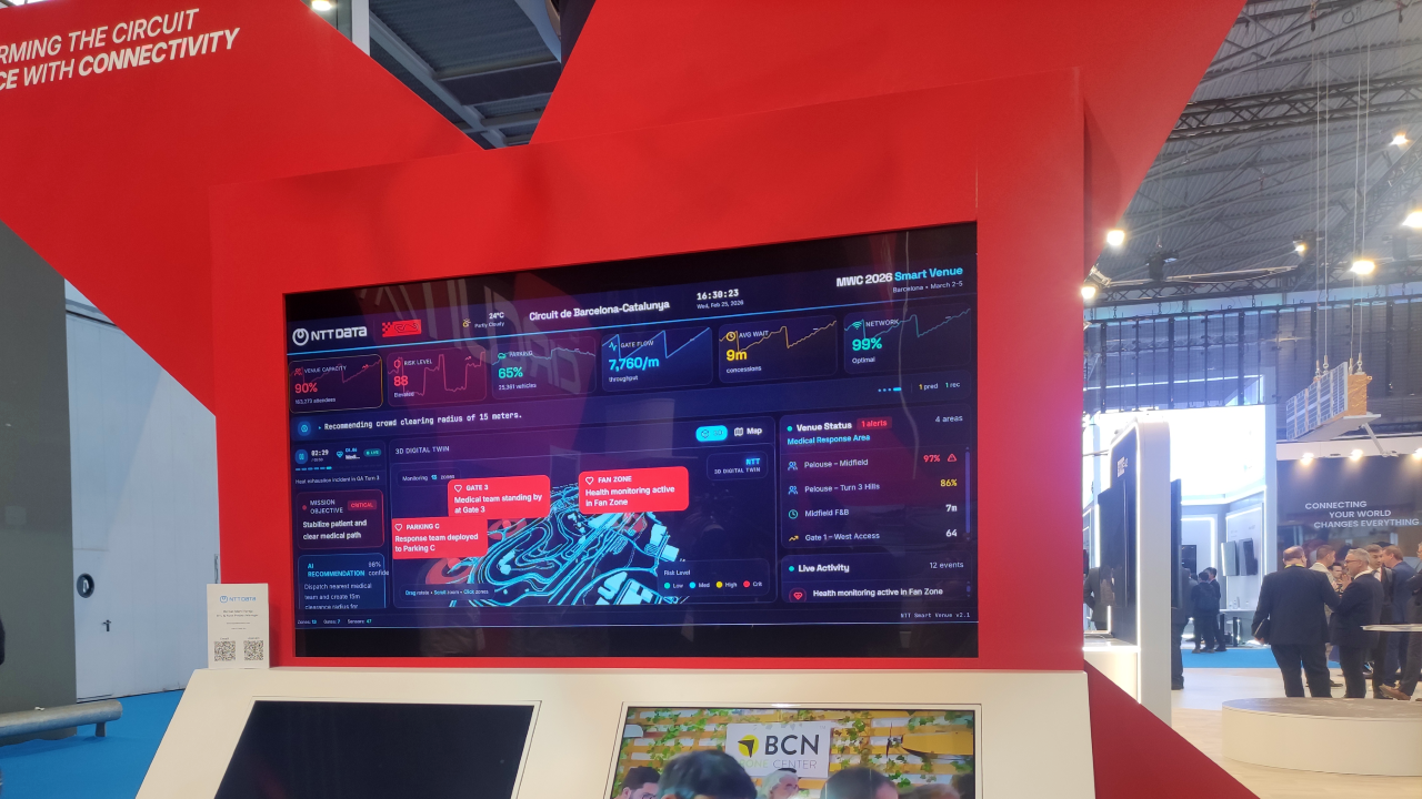 NTT DATA totem with circuit map and data at CircuitX booth at MWC26